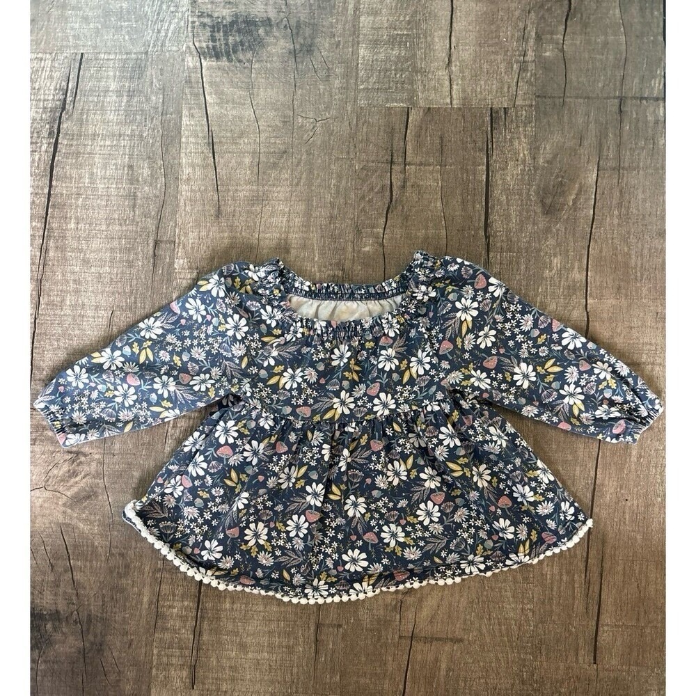 Cynthia Rowley‎ Baby Girl Floral Mushroom Peplum Top Navy Blue Pom Pom Trim 12M